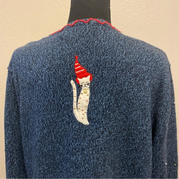 Erika Blue Knit with Red Trim Ugly Christmas Sweater Vintage Cat - Picture 6 of 8